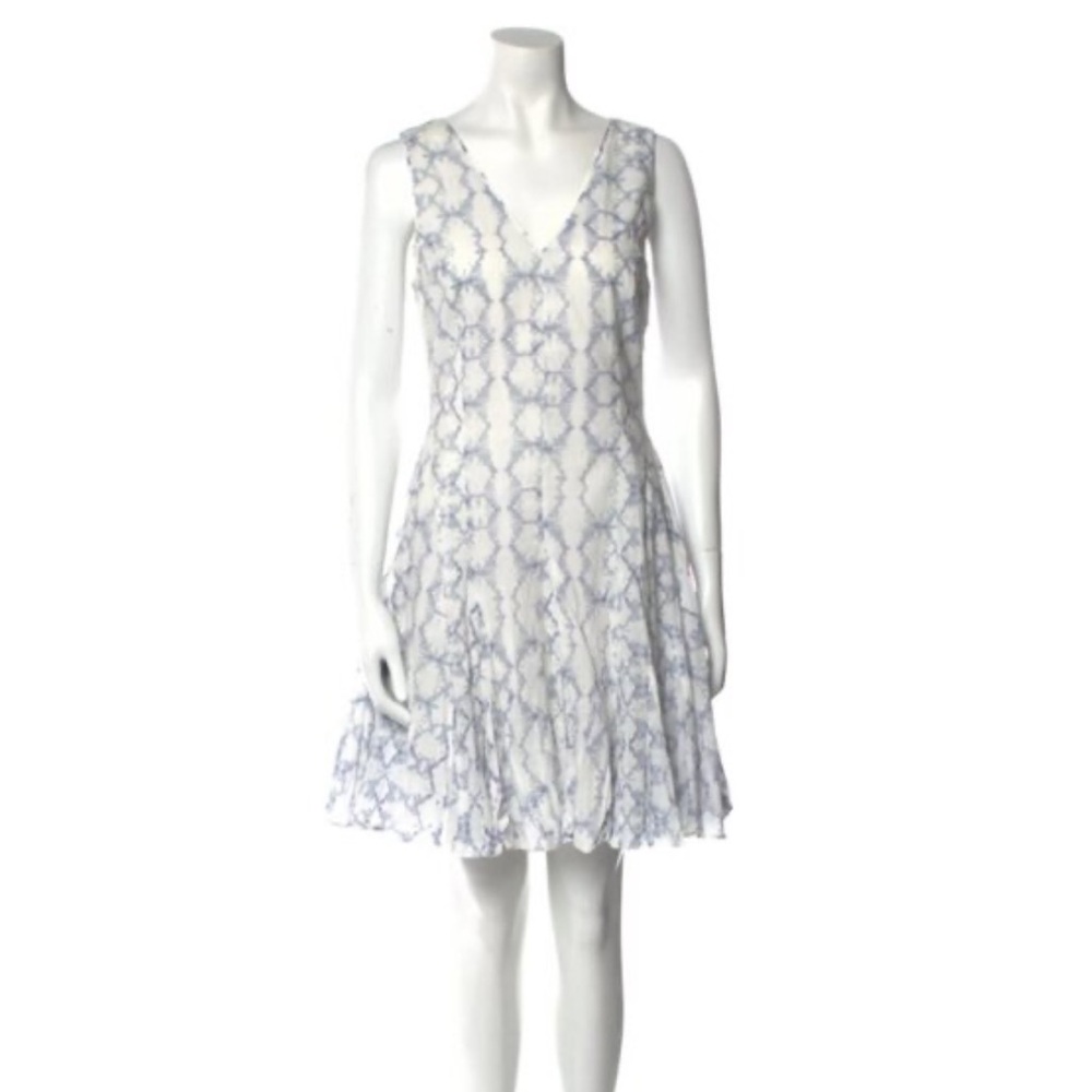 Rebecca Taylor Ikat Tie Dye Print Cotton Fit & Flare Blue Cream Mini Dress sz 0 - Picture 1 of 11